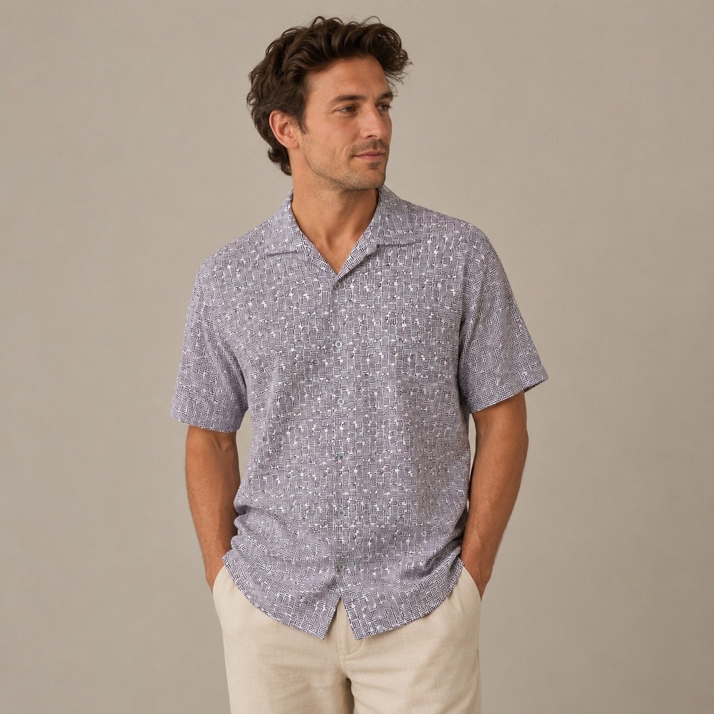 Tori Richard Mens White Geometric Maze Print Cotton Blend Camp Shirt M